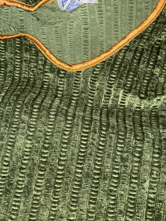 Betty Blue Textured Moss Green Velvet with Gold V-Neck Satin Trim
