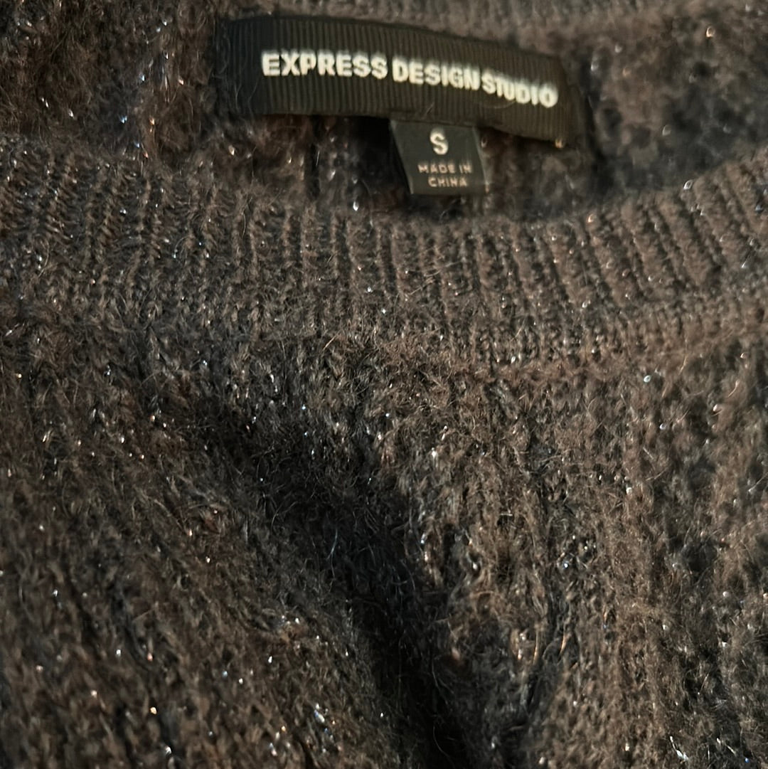 Express Charcoal Grey Sparkle Silver Puff Short Sleeve Open Knit Sweater