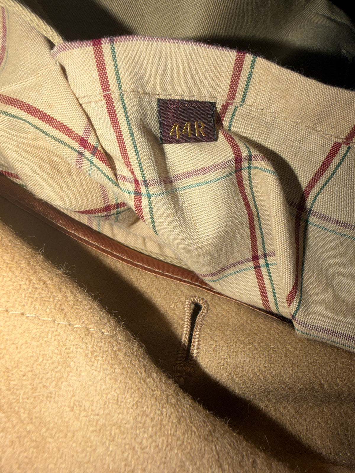 Vintage Chaps Ralph Lauren Trench Coat Tan Belted Wool Lined Double Breasted Plaid Lining 44R