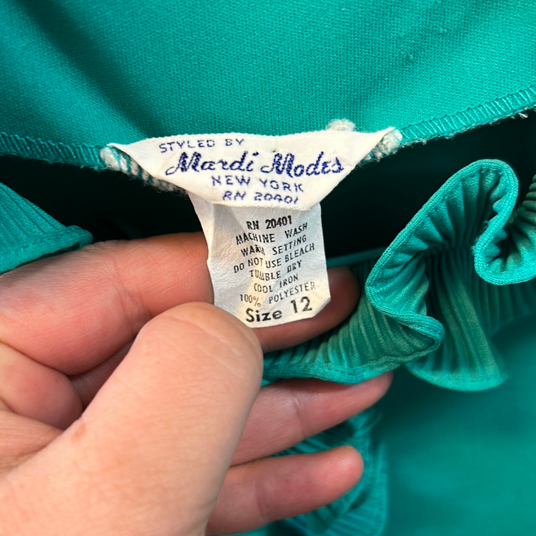 marti modes teal green blue vintage ruffle long-sleeved blouse