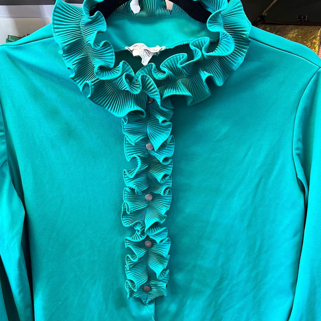 marti modes teal green blue vintage ruffle long-sleeved blouse