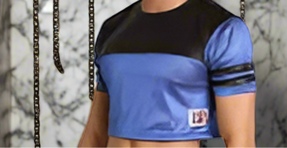 Cell Block 13 Cropped Jersey in Wet Look Black and Blue Mesh Size Medium
