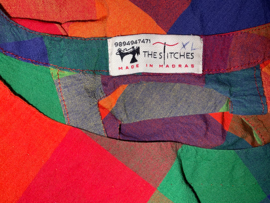 Madras Plaid Rainbow Cotton Asymmetrical A-Line Midi Dress Medium