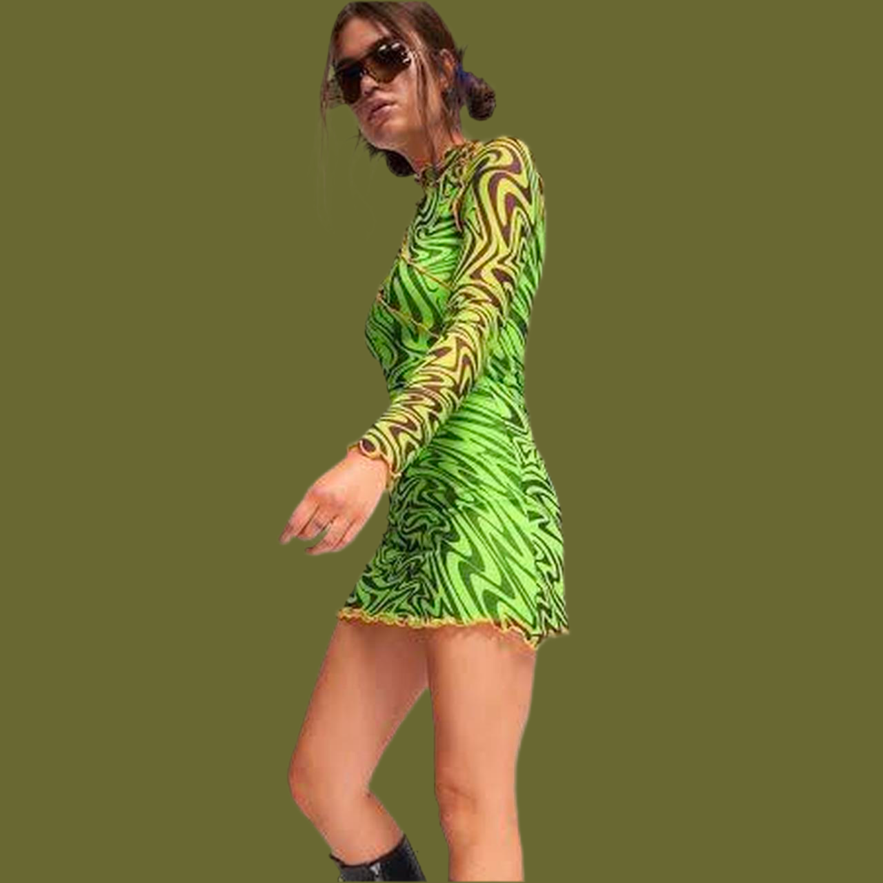 Jaded London Neon Green Mesh Long-sleeve Raver Clubkid Mini Dress Size US 4
