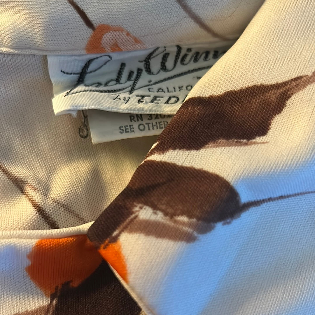 Lady Winn by Teddi of California Orange Roses Arrow Collar 70’s V-Neck Long Sleeve Shirt