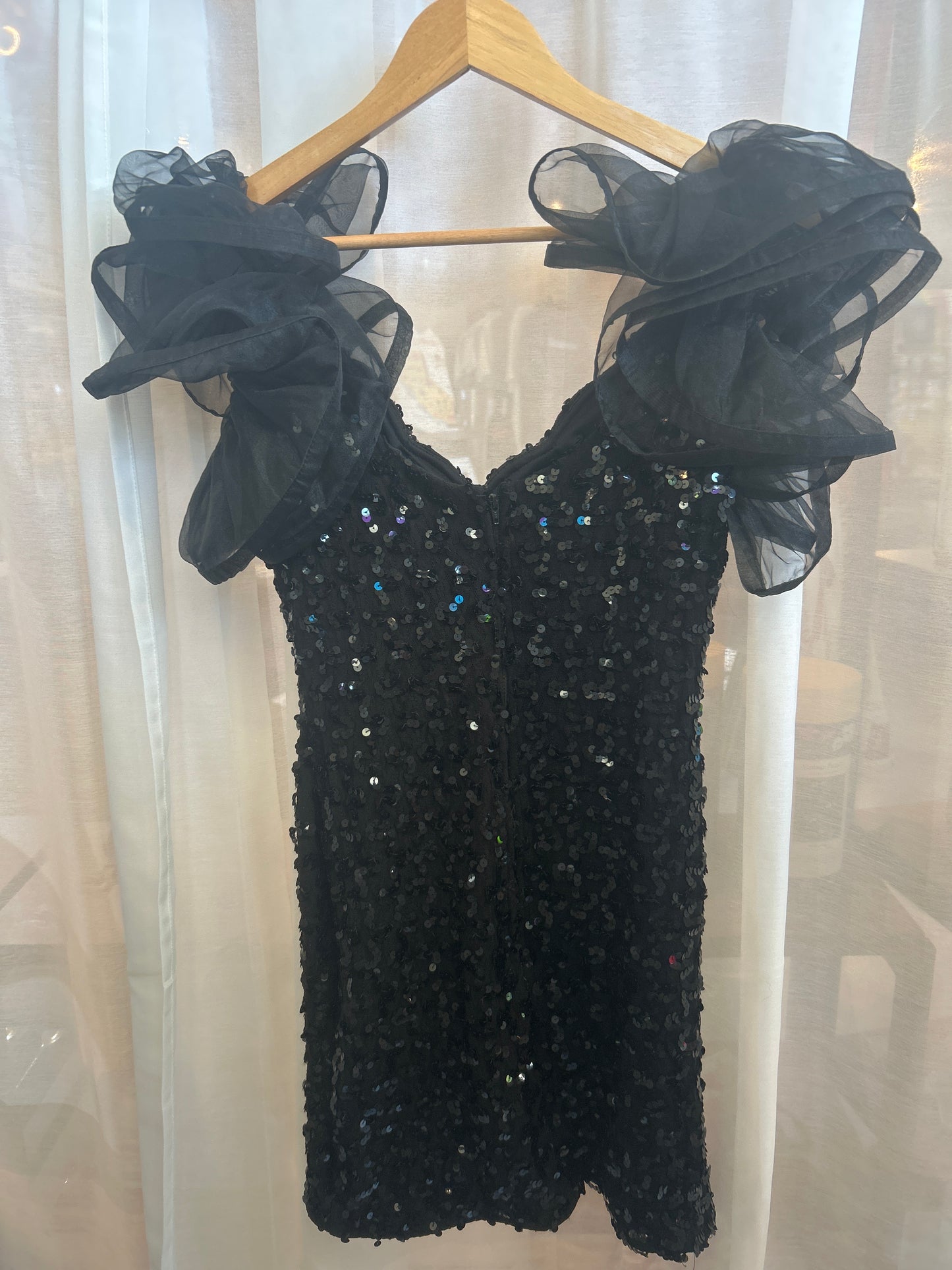 Zum Zum Black Sequin Ruffle Shoulder Mini Dress