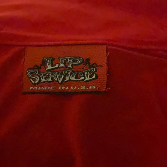 RARE Lip Service 1996 First Sample Red Pearl Button All Stretch Silky Dagger Collar 90’s Does 70’s Shirt
