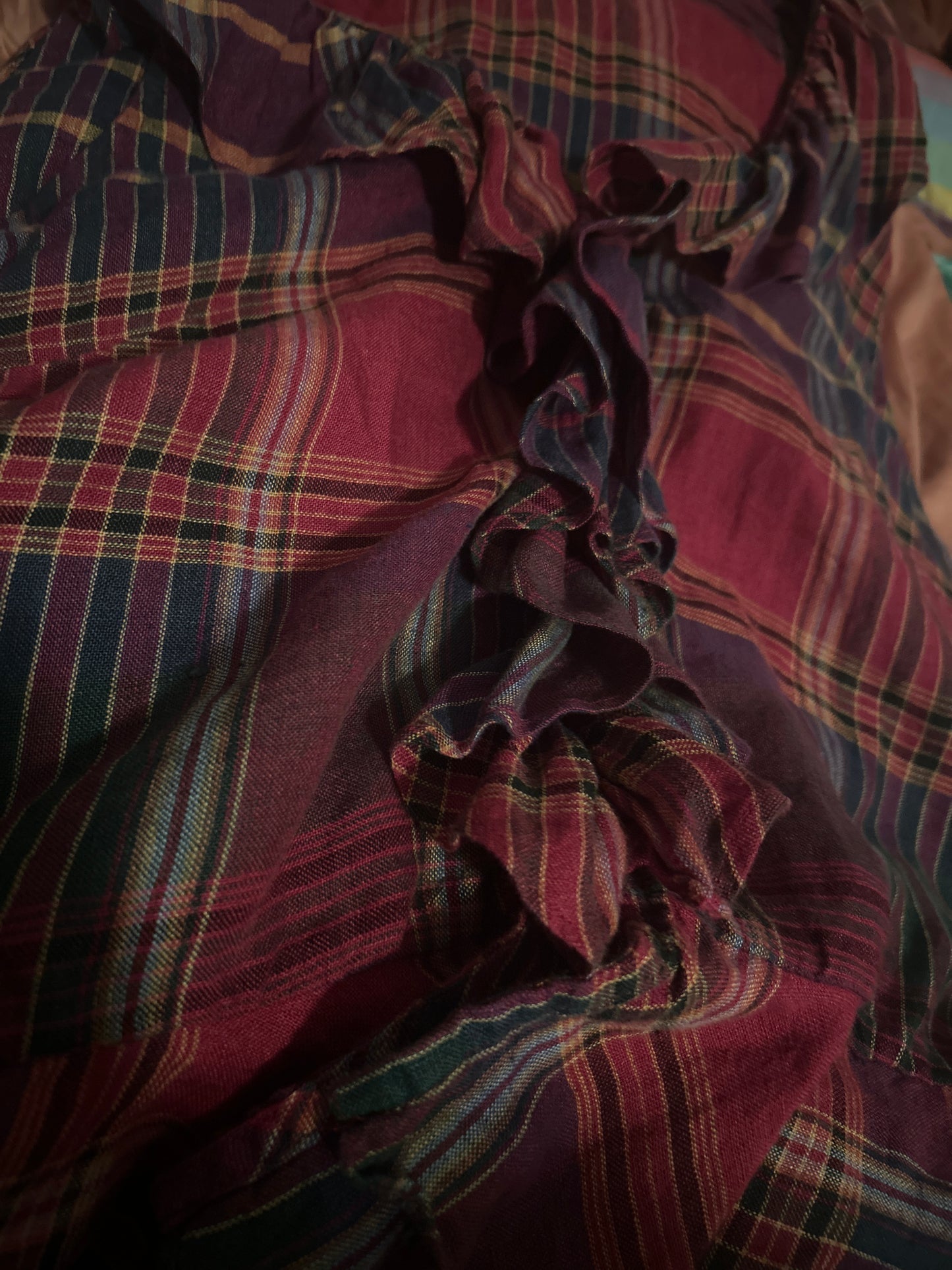 Ralph Lauren Linen Plaid Sleeveless Summer Blouse Tank Top Ruffles Red Purple XL