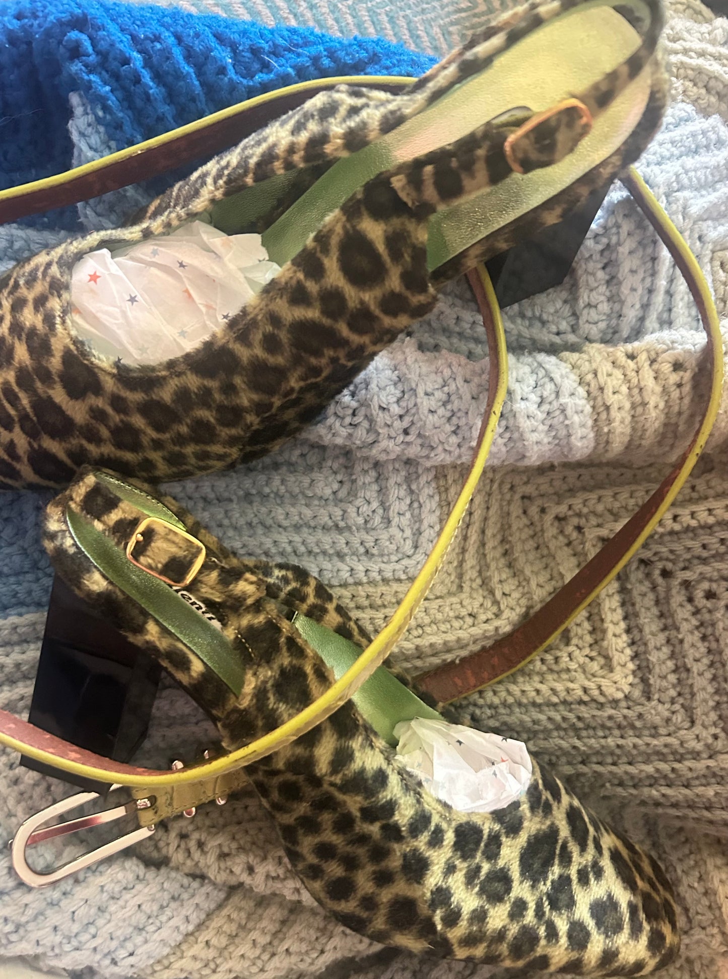 Year 2000 Green Fur Leopard Cheetah Fuzzy Slingback Block Heels Size 8.5