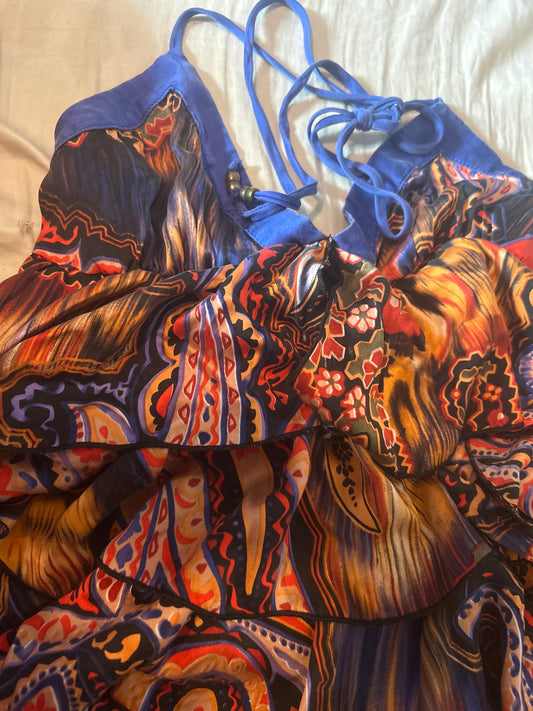 Postella Silk Tiered Multicolor Ruffle Halter Going Out Top Size Small Petite Friendly