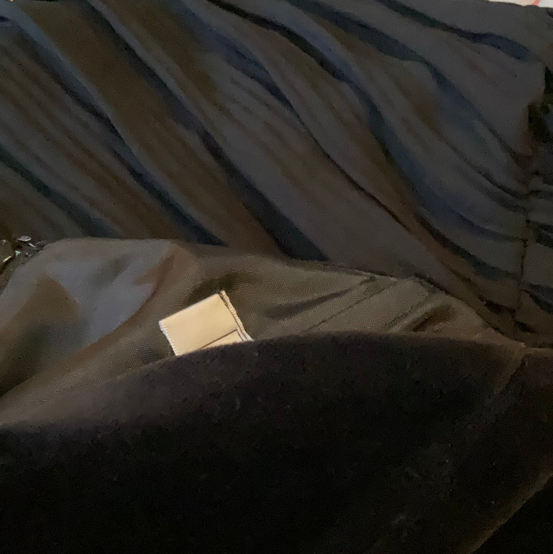 Signe Incognito Black Velvet Bodice Above the Knee Asymmetrical Dress with Pleated Silk Chiffon Skirt and Sleeves