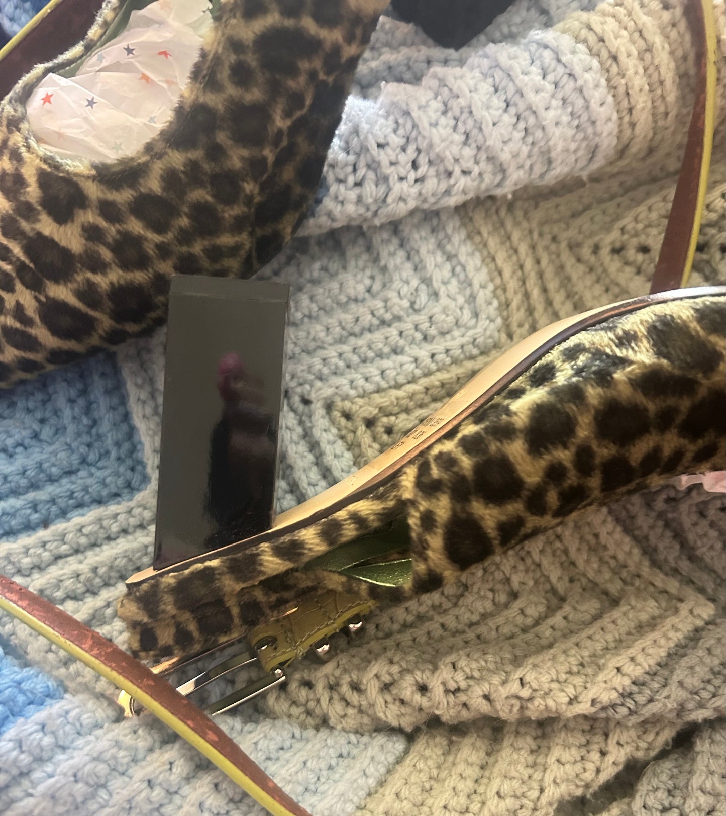 Year 2000 Green Fur Leopard Cheetah Fuzzy Slingback Block Heels Size 8.5