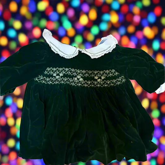 Carriage Boutiques by Friedknit Creations Vintage Green Velvet Smocked Baby Toddler Dress Size 12M 1YR