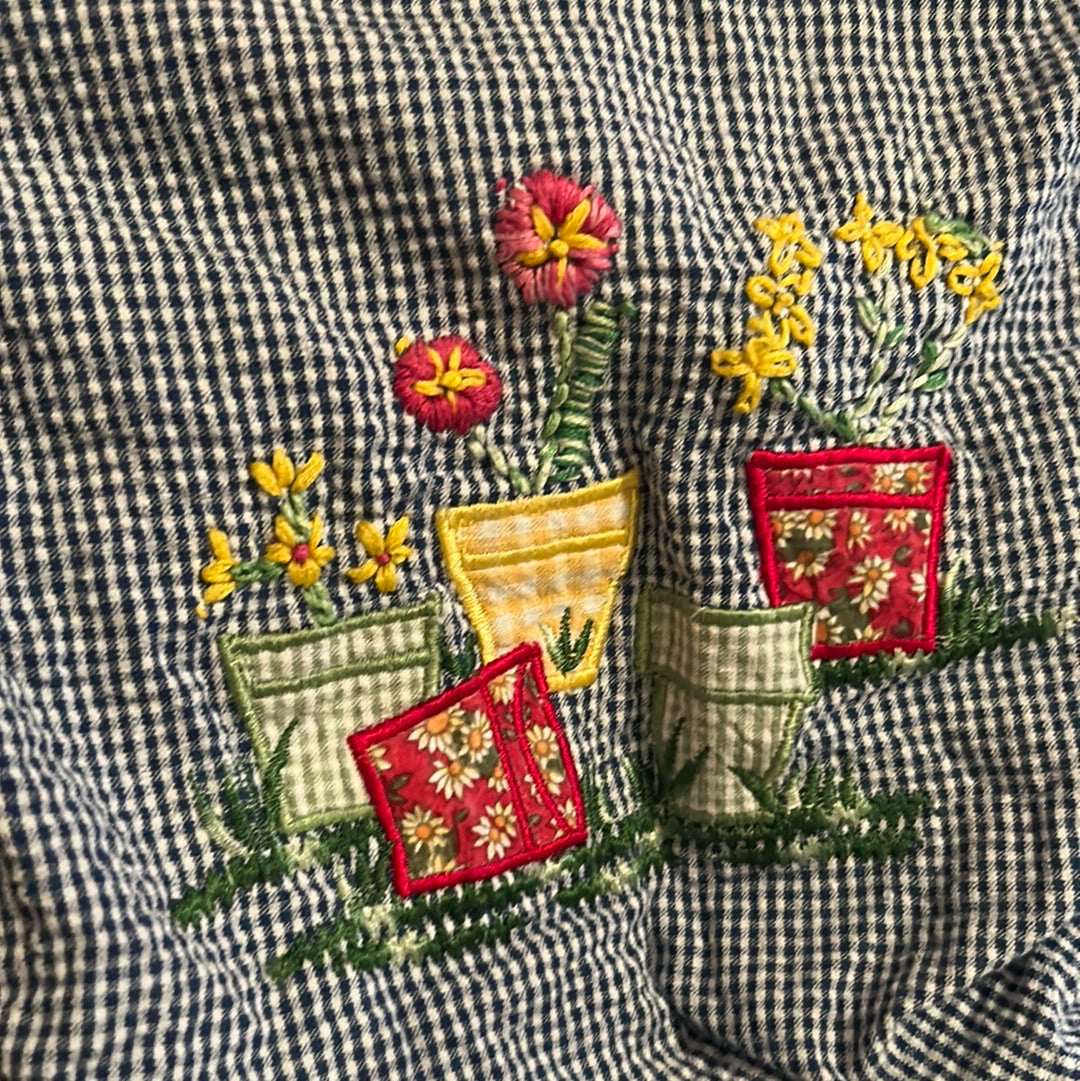 Vintage Plus Size 22 Embroidered Cats and Plants Chambray Short Sleeved Button Up