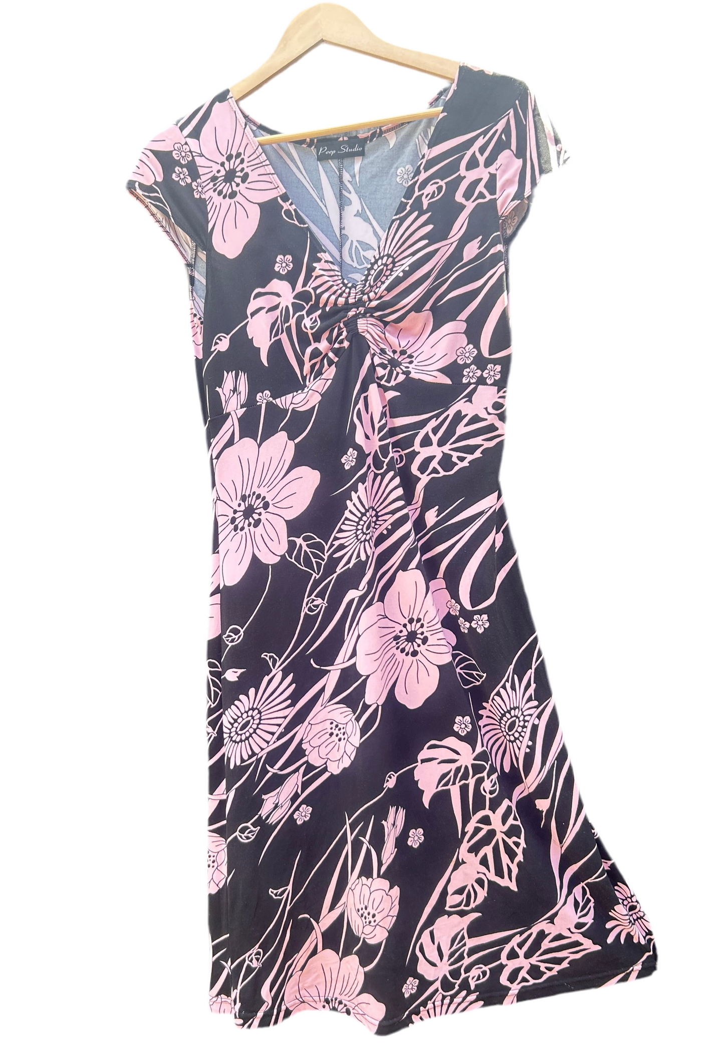 Y2K Deep V Cap Sleeve Slinky Day to Night IT Girl Floral Black and Pink Ingenue Dress