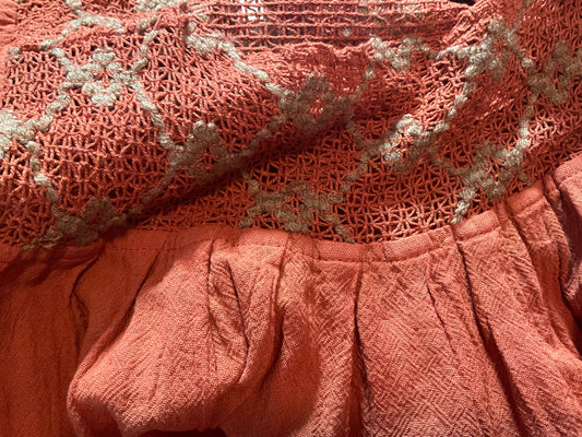 Terracotta Gauzy Cotton and Embroidered Lace Baby Dolly Dress S/M
