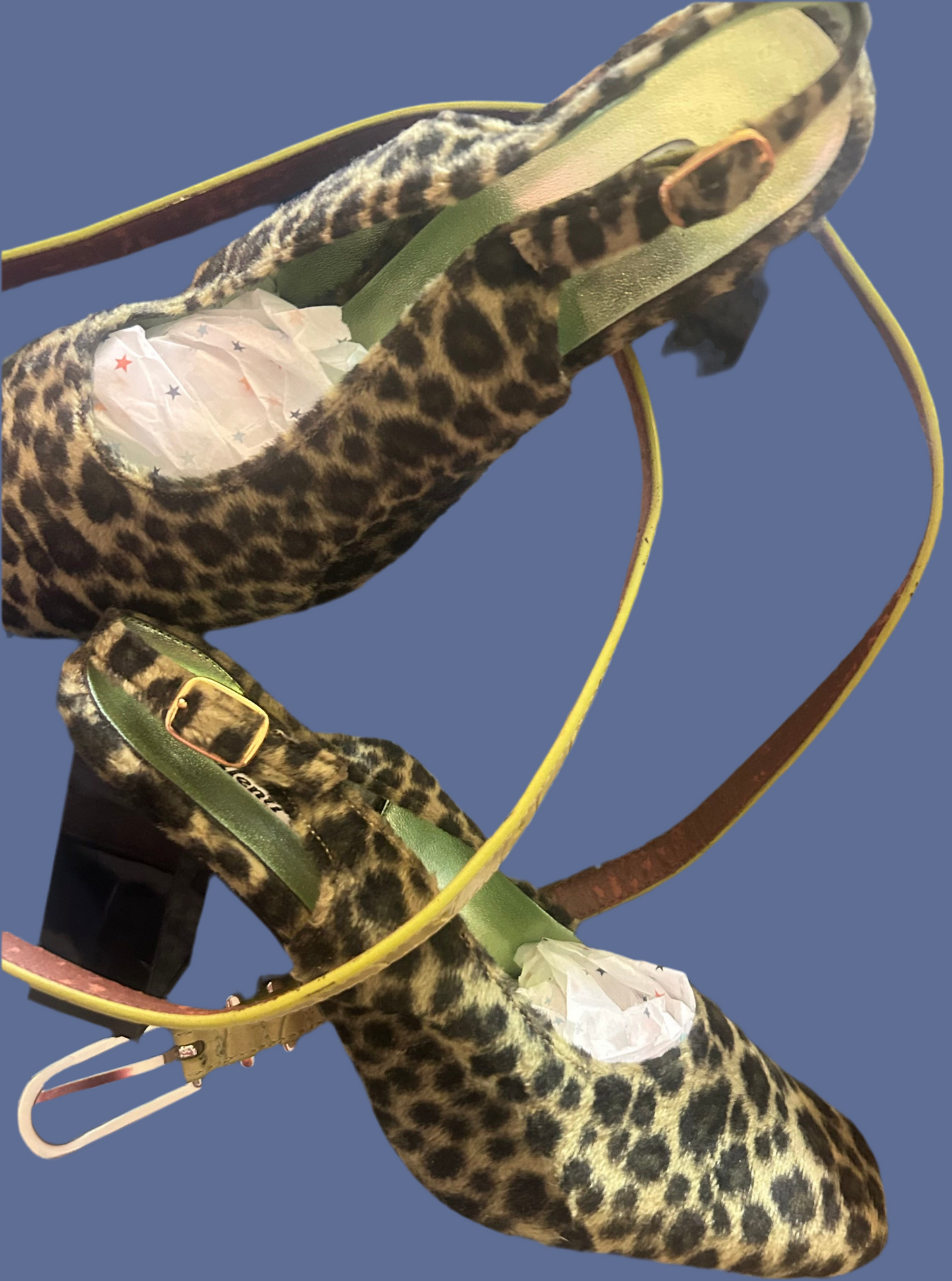 Year 2000 Green Fur Leopard Cheetah Fuzzy Slingback Block Heels Size 8.5