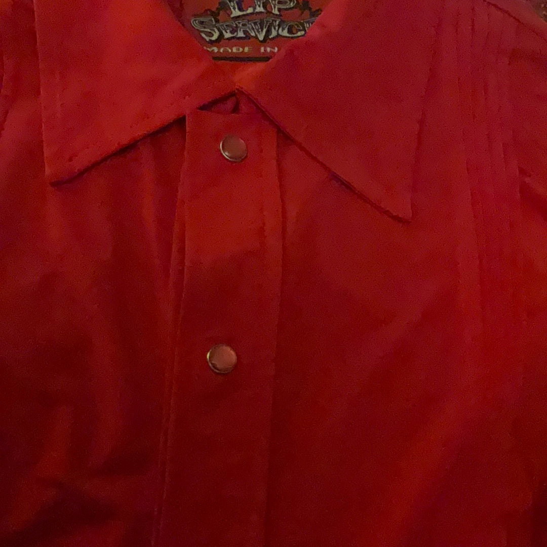 RARE Lip Service 1996 First Sample Red Pearl Button All Stretch Silky Dagger Collar 90’s Does 70’s Shirt