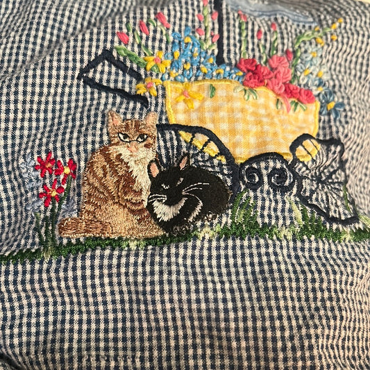 Vintage Plus Size 22 Embroidered Cats and Plants Chambray Short Sleeved Button Up