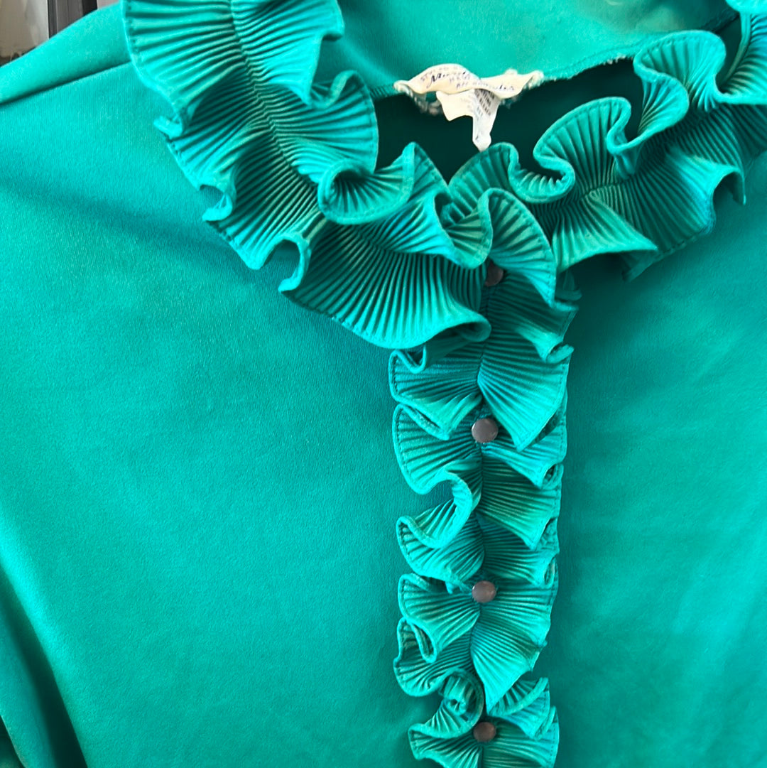 marti modes teal green blue vintage ruffle long-sleeved blouse