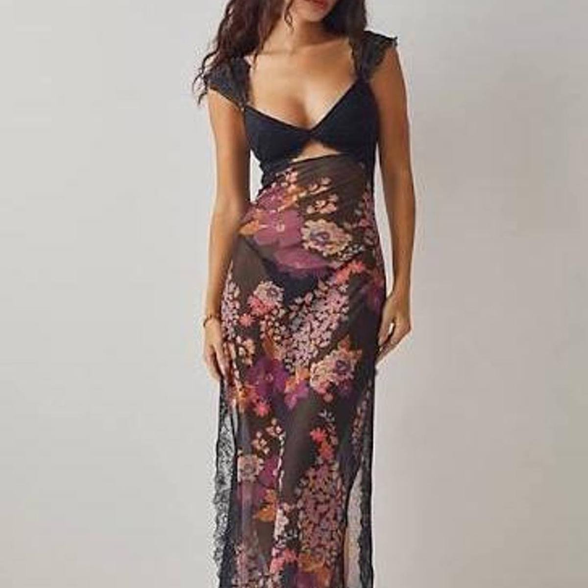 Free People Intimately Suddenly Fine Lace Cutout Floral Sheer Maxi Slip Dress