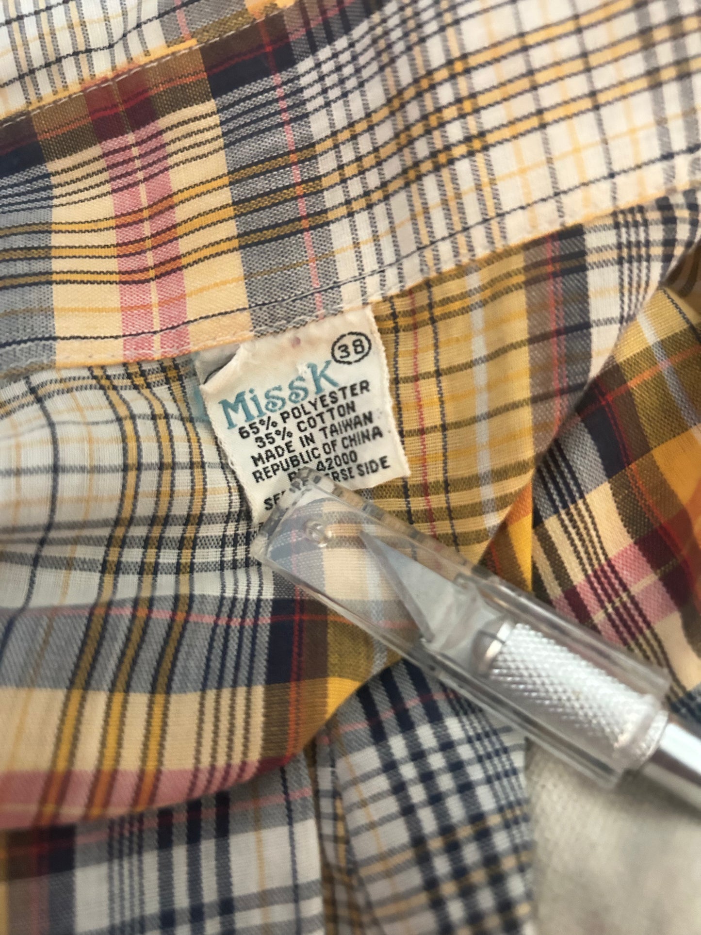 Miss K 70’s-80’s Vintage Plaid Western Long Sleeve Button Up Shirt Blouse Size 38