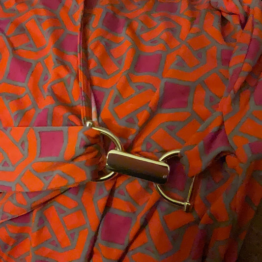 Geometric Wedding Guest Orange and Magenta Wrap Dress Style with Gold Hardware Details