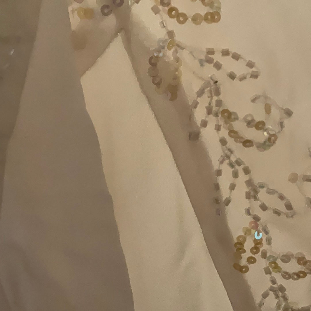 XSCAPE Petite by Joanna Chen Off White Silk Charmeuse Bias Cut Beaded Mermaid Gown 4P