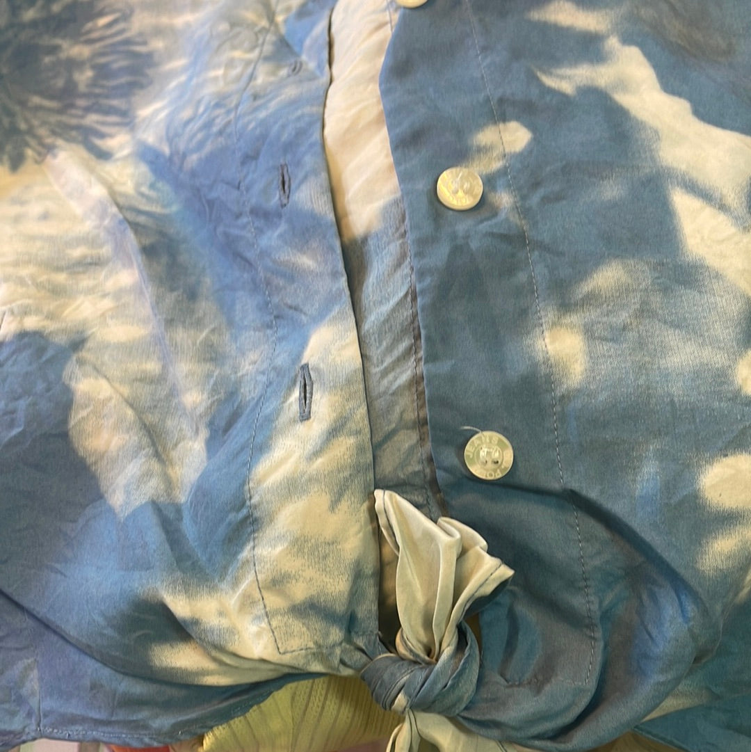 Polo Jeans Co Ralph Lauren Blue Cyanotype Daisies Silk Collared Sleeveless Button Up Crop Top