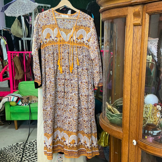 Cotton Gold and Purple 60’s Hippie Made in India Dress Size Small