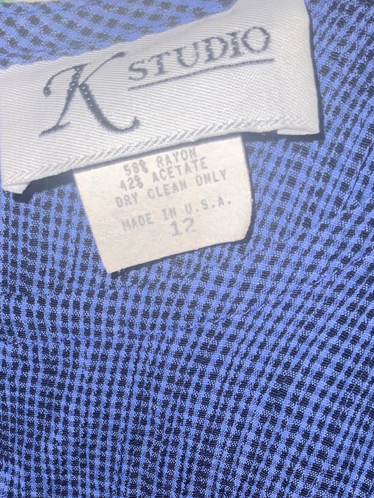 Cotton Lagenlook K Studio Vintage size 12 Sleeveless Seersucker Bias cut Blue and Black Gingham Maxi Dress
