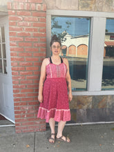 Load image into Gallery viewer, Pinks Fairycore Cottagecore Gunne 70’s does 90’s Lace and Ruffle on Cotton Coordinating Calico Cotton Midi Pinafore Dress