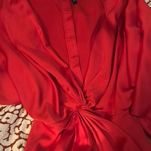 Marciano Red Longsleeve Bodice Knot Ruched Silky Gown