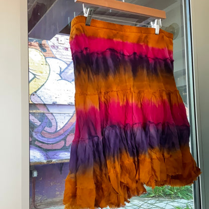 Burnt Orange Purple and Magenta Tie Dye Tiered Y2K Mini Skirt