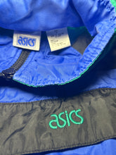 Load image into Gallery viewer, Vintage Asics Jacket Men&#39;s Size Small/Medium Windbreaker  Kangaroo Pocket Blue Teal/Green