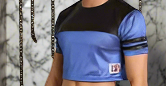 Cell Block 13 Cropped Jersey in Wet Look Black and Blue Mesh Size Medium