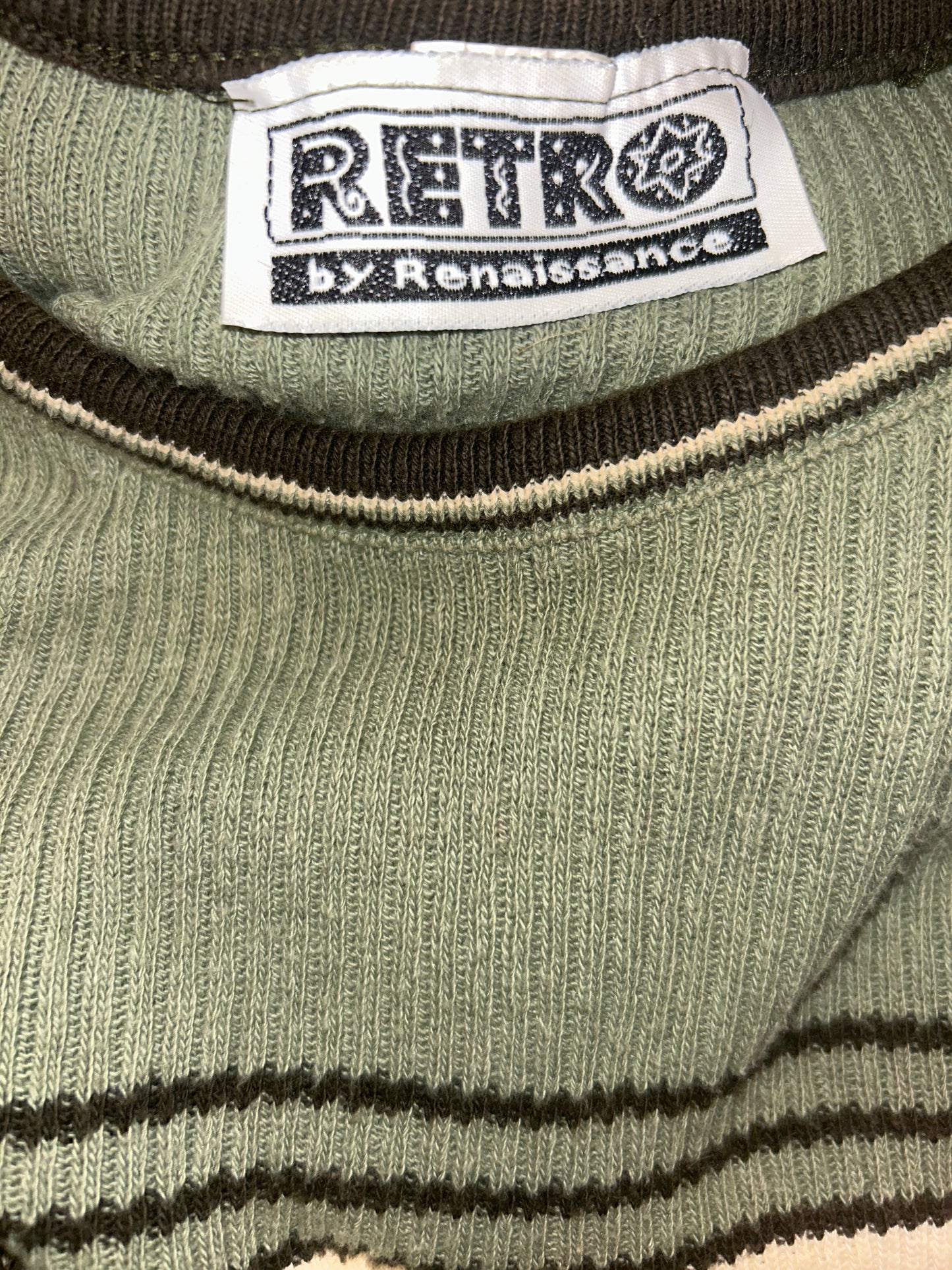 90’s Y2K Stripe Sage Green Cream Olive Short Sleeve Sweater Retro by Renaissance Womens XL