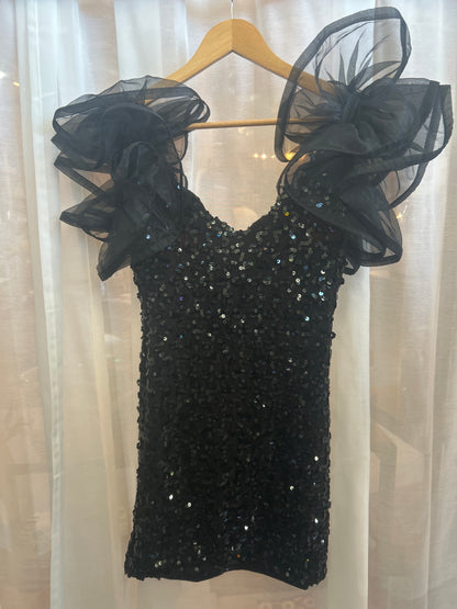 Zum Zum Black Sequin Ruffle Shoulder Mini Dress