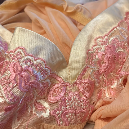 Peach Embroidered Floral Fairy Mesh Mini Babydoll Negligée