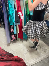 Load image into Gallery viewer, Taffeta and Velvet Bodice Black and White Plaid Strapless Mini Dress