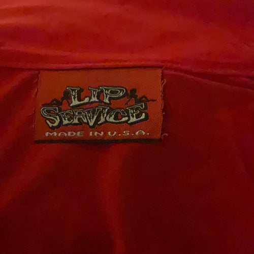 RARE Lip Service 1996 First Sample Red Pearl Button All Stretch Silky Dagger Collar 90’s Does 70’s Shirt