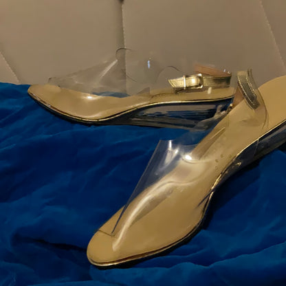 1970s Magdesian's Clear Vinyl Slingbacks | Vintage 70s Gold Peeptoe Kitten Wedges | Women's Shoes 7 M