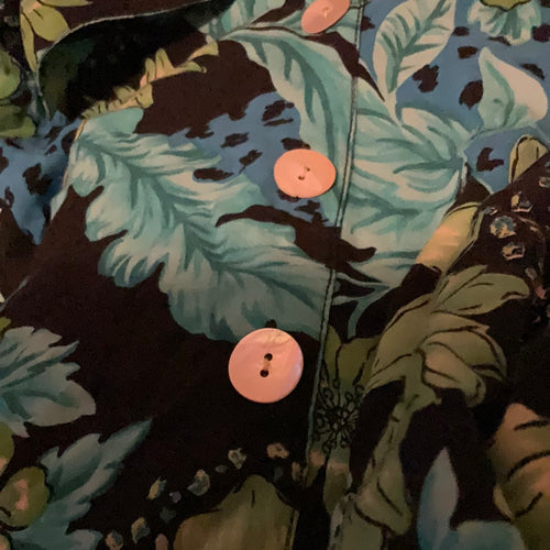 Backless Cotton Teal and Green Dark Floral Maxi Dress with Mother of Pearl Buttons