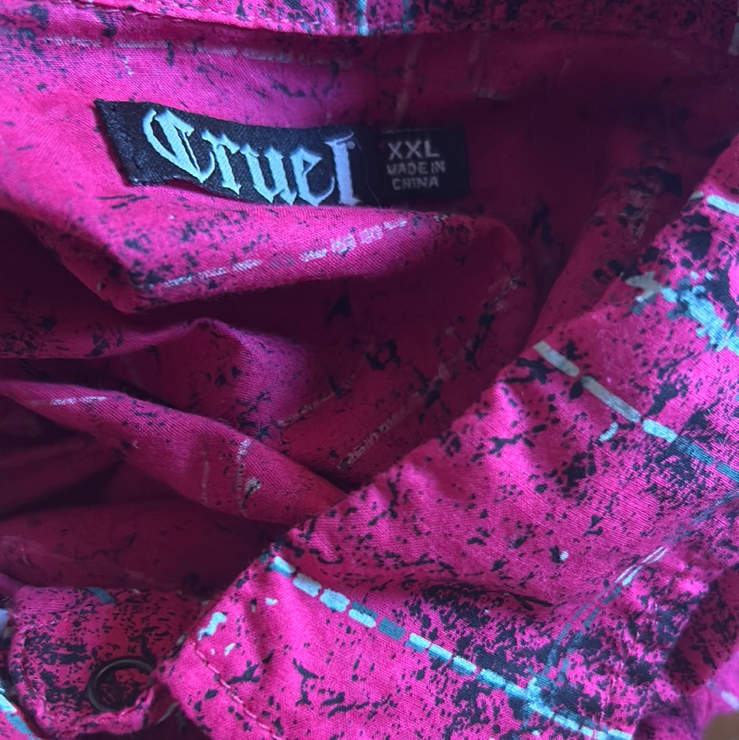 Cruel Magenta 90’s Abstract Pearl Button Up Collared Shirt XXL