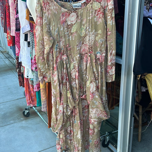New Options by Kate Geddes Vintage Womens Tan Floral Dress Size Large