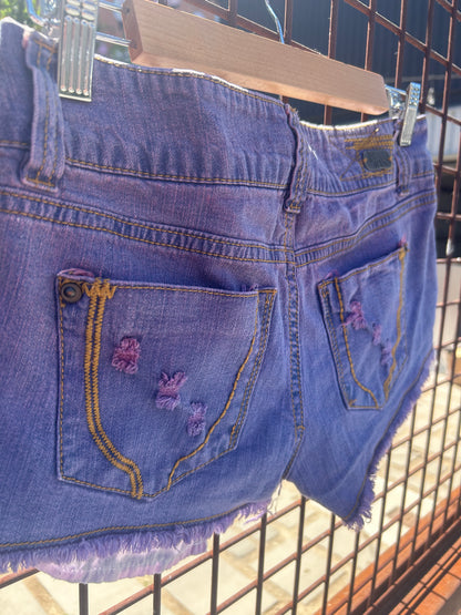 90s 1st Kiss Purple Pink Distressed Denim Juniors Cutoff Shorts