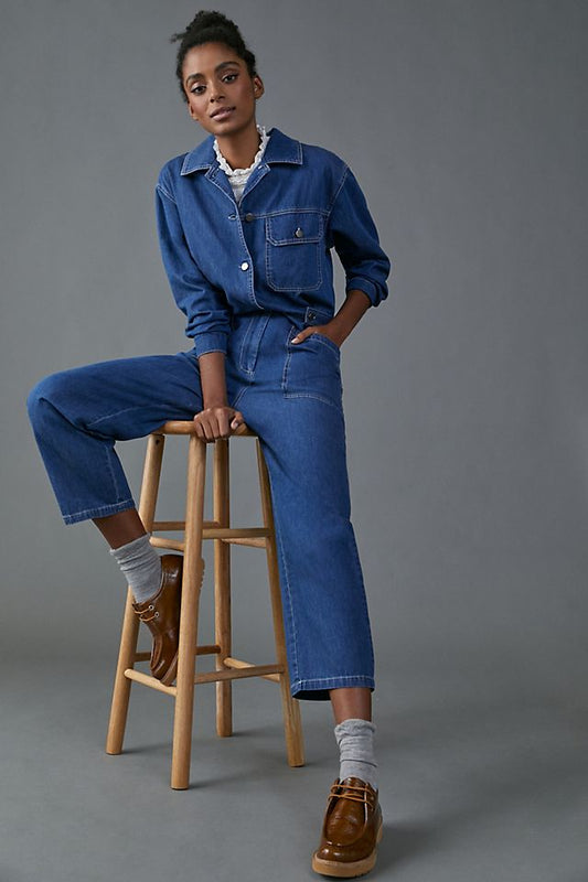Chambray Anthropologie Mare Mare Aya Denim Utility BoilerSuit Coveralls Jumpsuit Small Relaxed Fit Long Sleeve Size XS