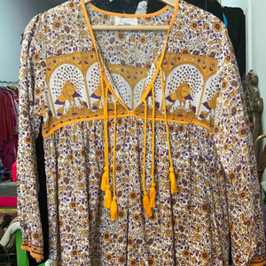 Cotton Gold and Purple 60’s Hippie Made in India Dress Size Small