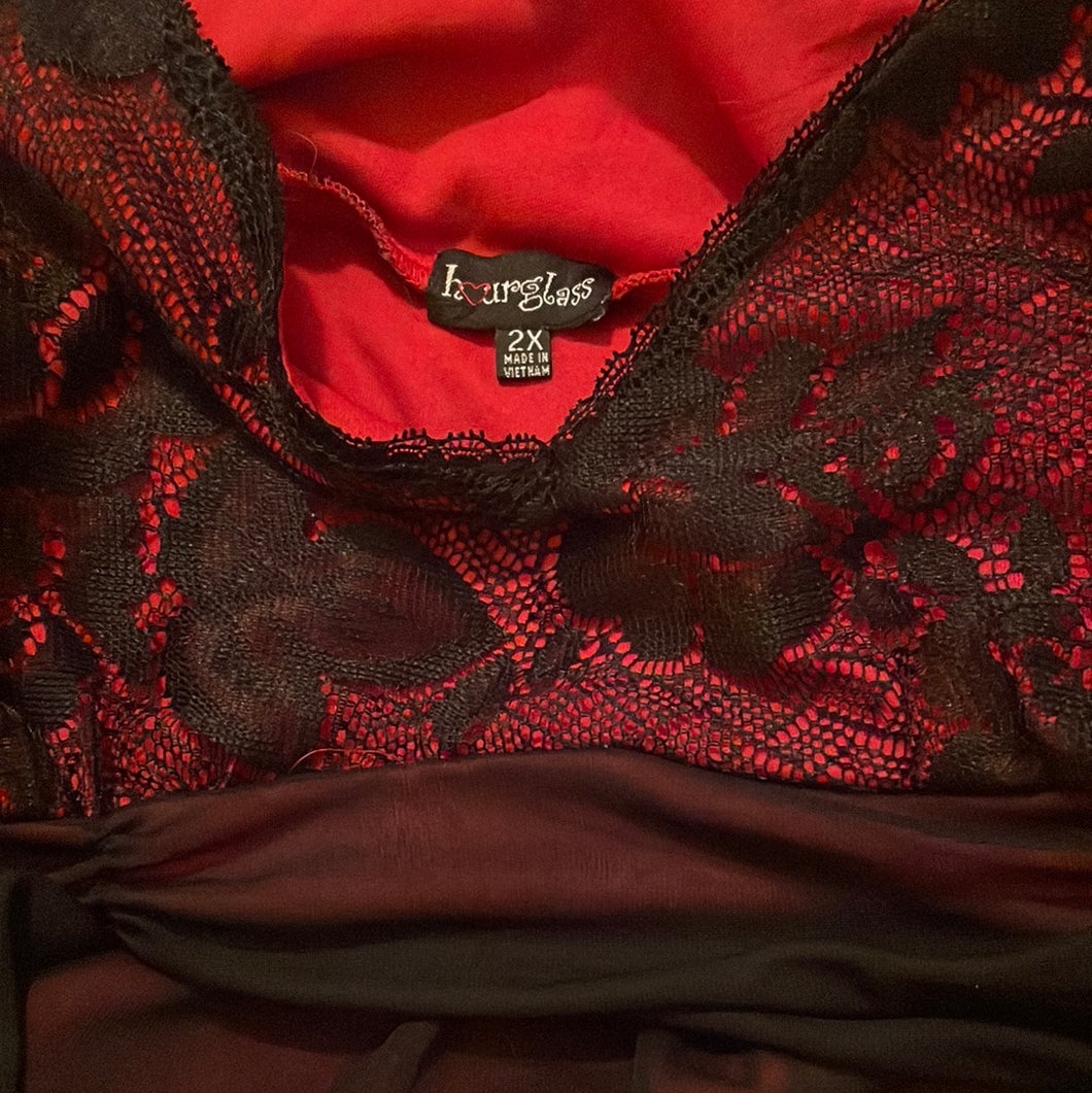 90’s Y2K  Spaghetti Strap Dress by Hourglass with Red with Black Lace and Black Illusion Mesh Skirt
