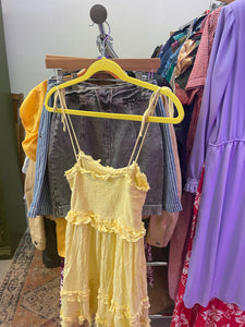 Yellow Cotton Crepe Smocked Bodice Ruffle Summer Mini Dress